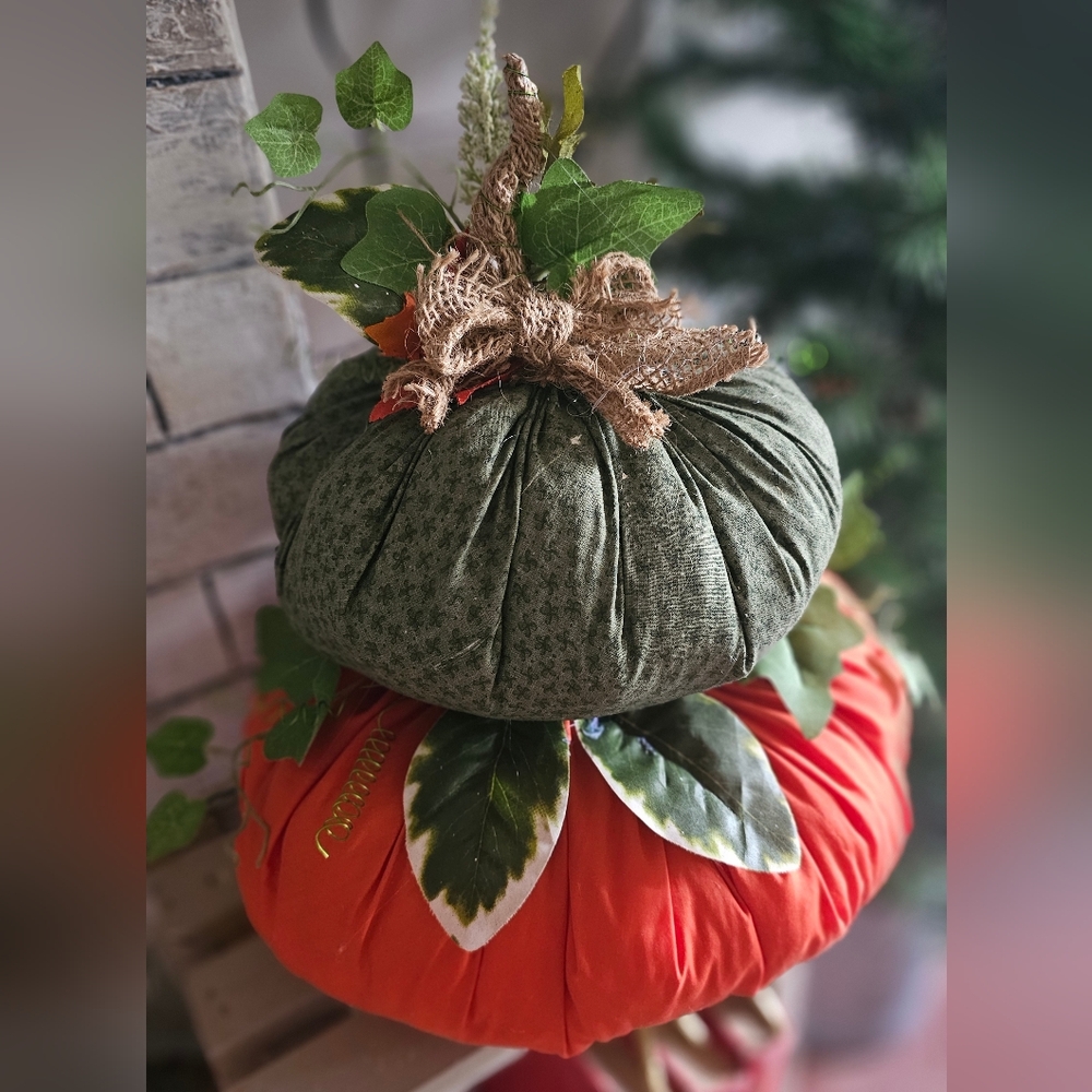 Hand Crafted, Decorative Green and Orange Fabric Pumpkin